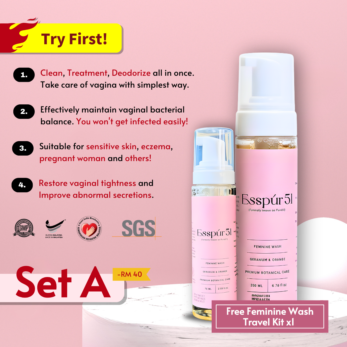 SET A - Feminine Wash x1 + FREE Travel Kit x1