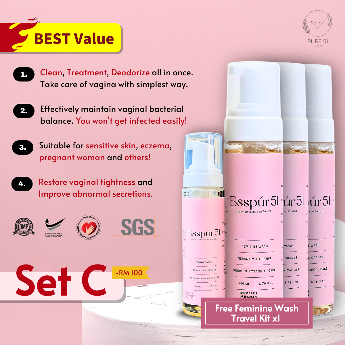 SET C - Feminine Wash x3 + FREE Travel Kit x1