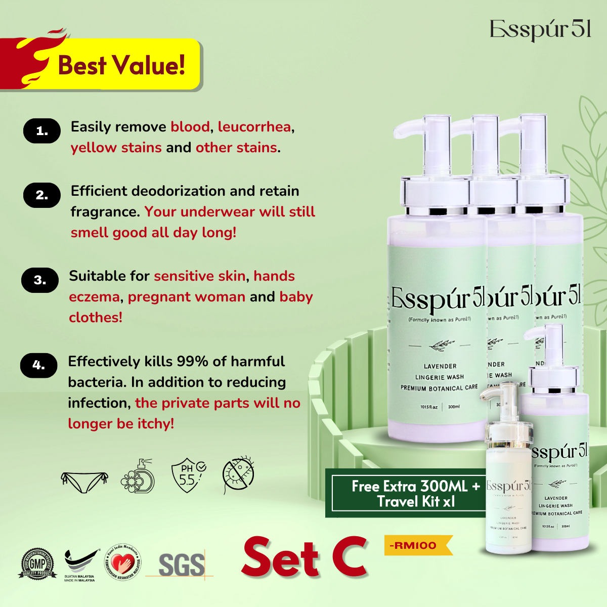 SET C - Lingerie Detergent x3 + FREE extra Lingerie Detergent x1 + FREE Travel Kit x1